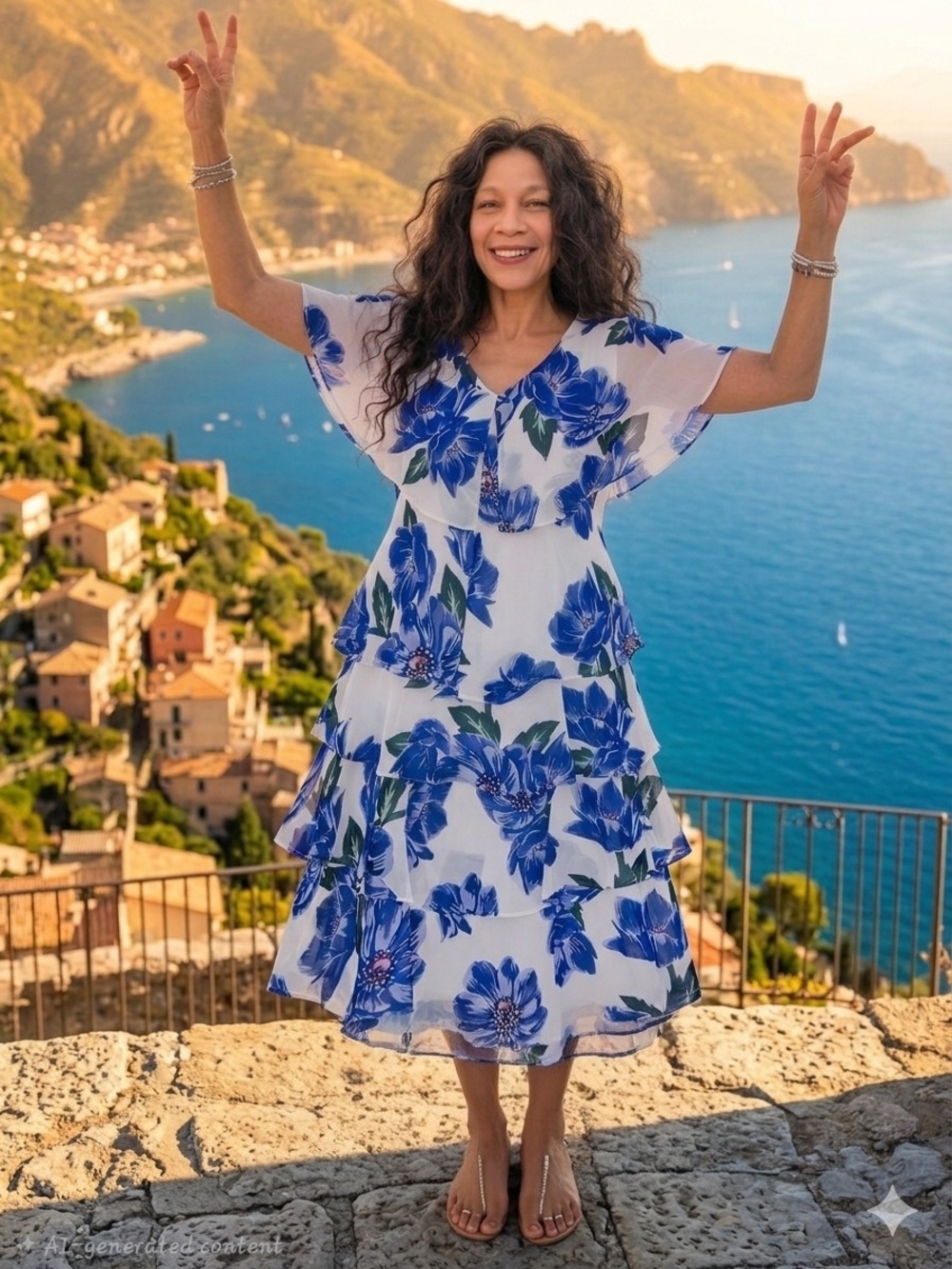 SLNY SL Fashions New York Blue & White Floral Tiered Dress - Size 16